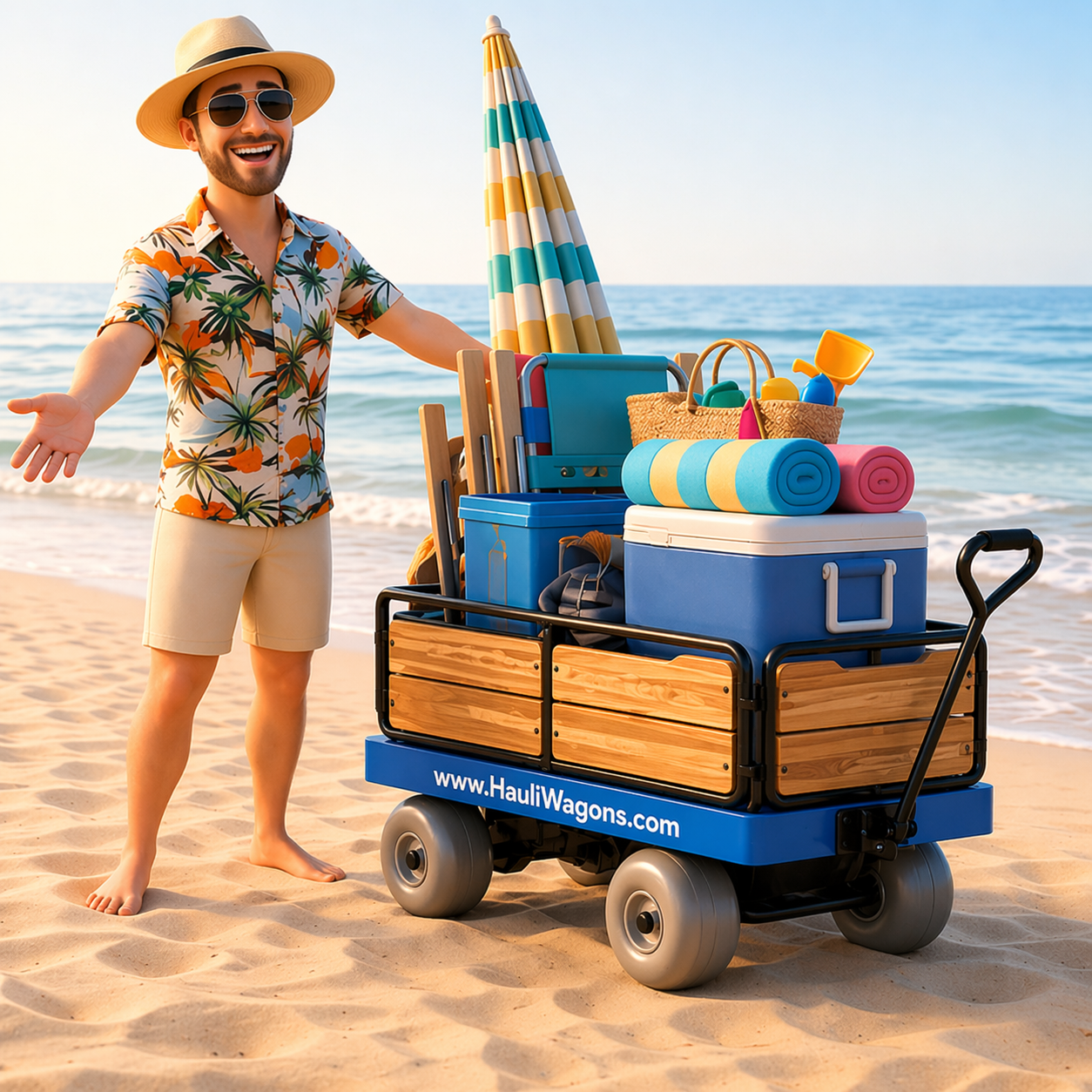 Dad with Hauli Wagon on beach